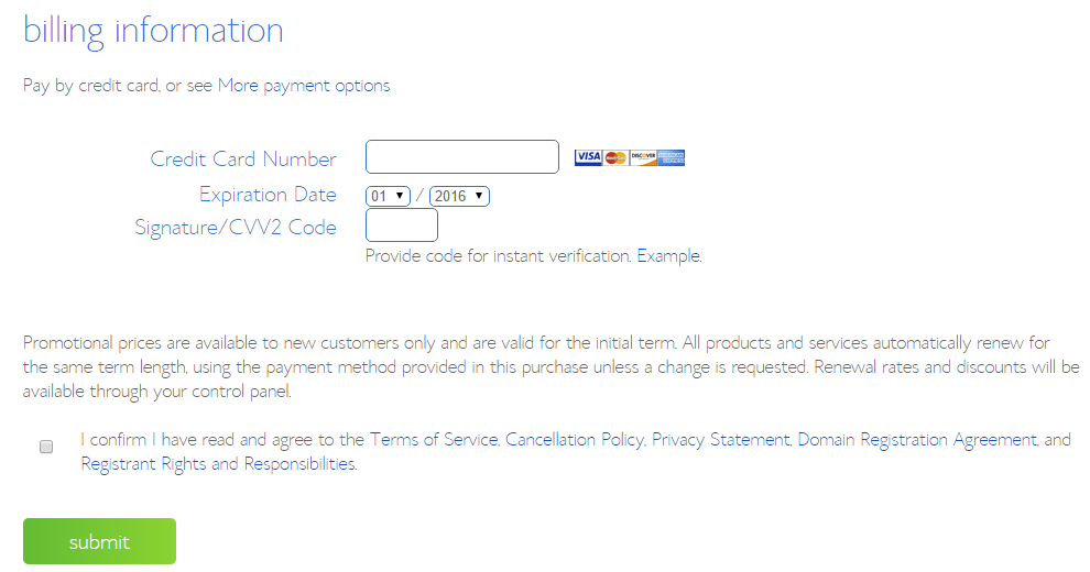 Enter Your Billing Information and Click Submit to Create Your BlueHost Account
