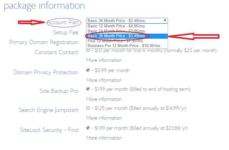 Select the BlueHost $3.49 Plan