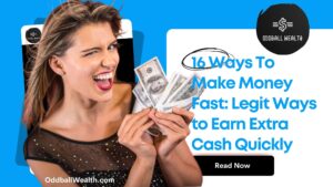 A middle aged happy woman smiling while holding a bunch of money and cash in her hands.