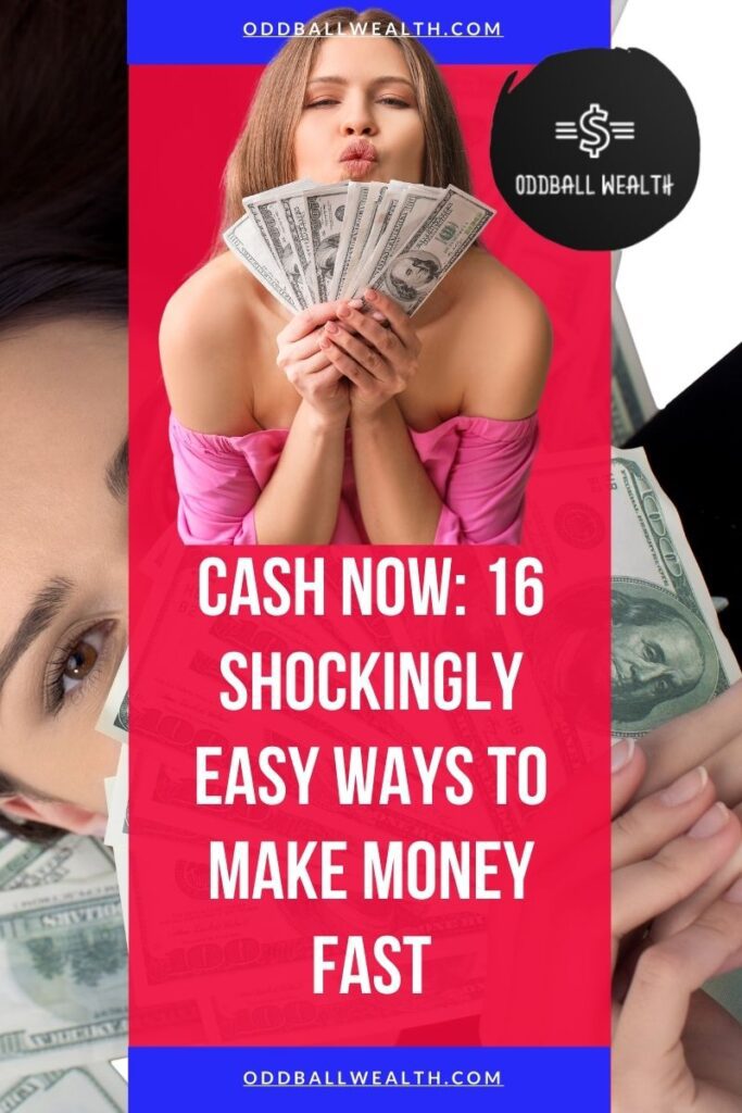 Young woman who is wearing a pink shirt and kissing a stack of money that she is holding with both of her hands.