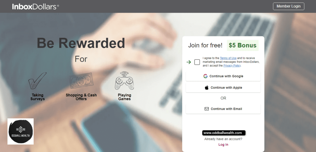 A screen capture image of InboxDollars homepage on their website.