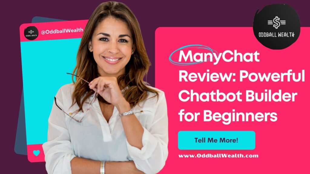 A business woman. The image text says the following "ManyChat Review Powerful Chatbot Builder for Beginners!"