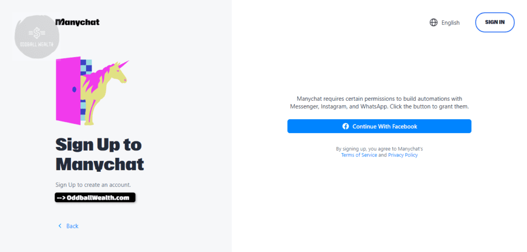 A screen capture image of ManyChat Sign Up with Facebook Account
