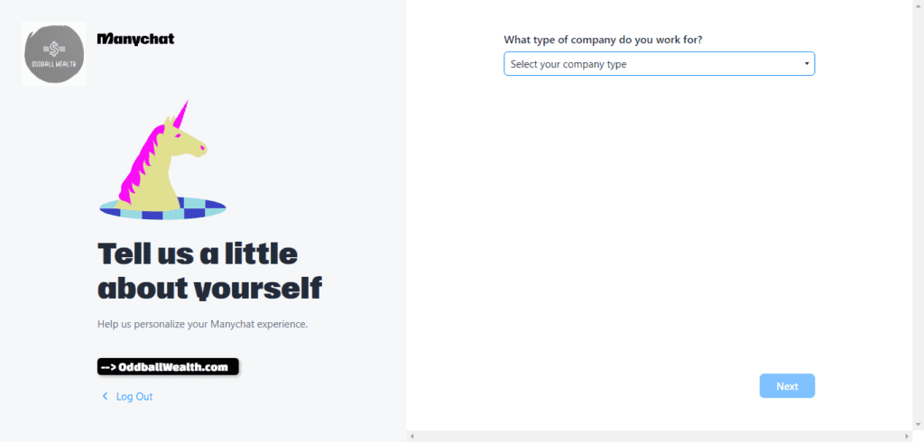 ManyChat Account Signup: Briefly Introduce Yourself or Your Business and Explain the Purpose of Your Chatbot - ManyChat.com webpage screen capture