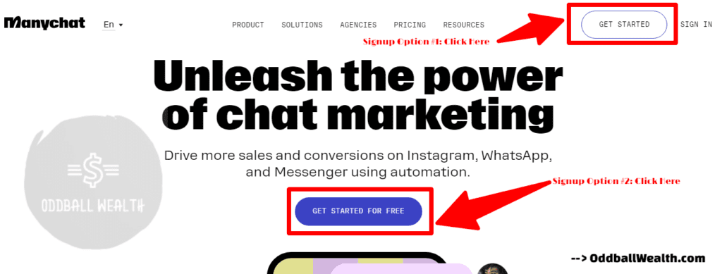 Manychat Getting Started Account Signup - Website Screen Capture