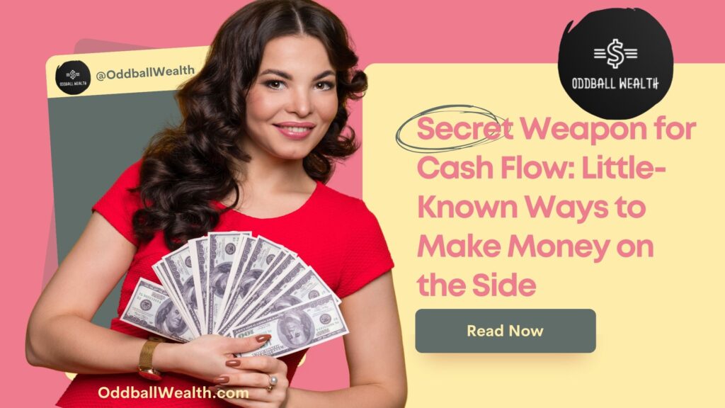 A woman with brunette hair and wearing a red shirt is using both of her hands to fan out US dollar bills and hold a large stack of cash.