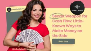 A woman with brunette hair and wearing a red shirt is using both of her hands to fan out US dollar bills and hold a large stack of cash.