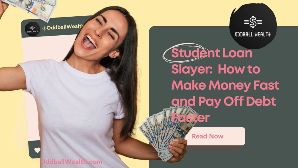 A young excited woman, who is a college student, celebrating because she paid off all her sudent loans, eliminated all her debt, and became financially independent while she was still a student at university by making money online using her smartphone or laptop in her free time inbetween classes and studying. 