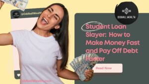 A young excited woman, who is a college student, celebrating because she paid off all her sudent loans, eliminated all her debt, and became financially independent while she was still a student at university by making money online using her smartphone or laptop in her free time inbetween classes and studying.