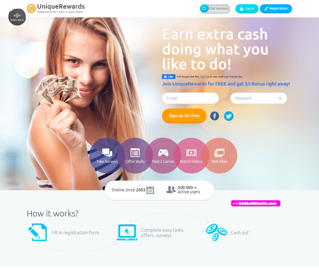 Screen capture image of UniqueRewards.com website homepage.