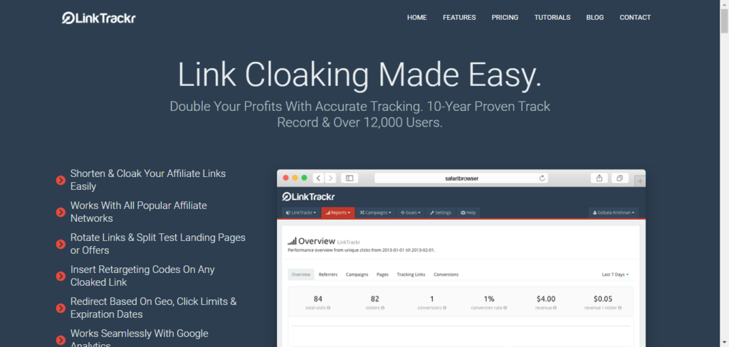 LinkTrackr link cloaking tool showing masked affiliate links