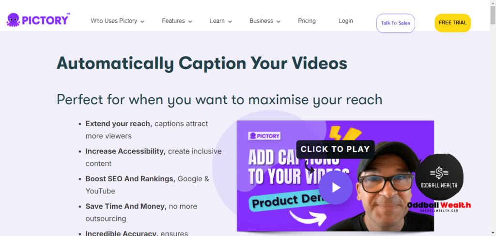 Pictory AI Website Screenshot Image of Pictory's automatic video caption creation tool.