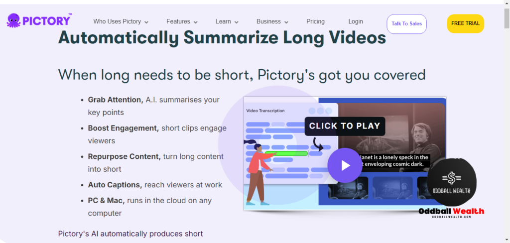 Pictory AI Automatic Summarize Long Videos Tool landing page screenshot image from Pictory.ai.
