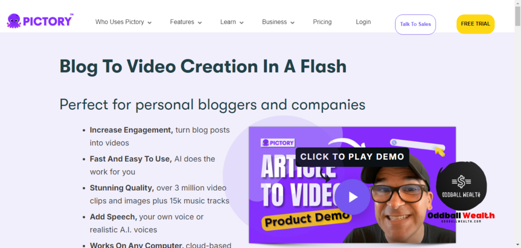 Pictory AI Blog-To-Video Creation tool, Pictory.ai Website Screenshot Image.