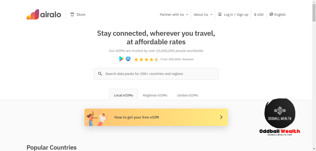 Airalo eSIMs website homepage screenshot image.