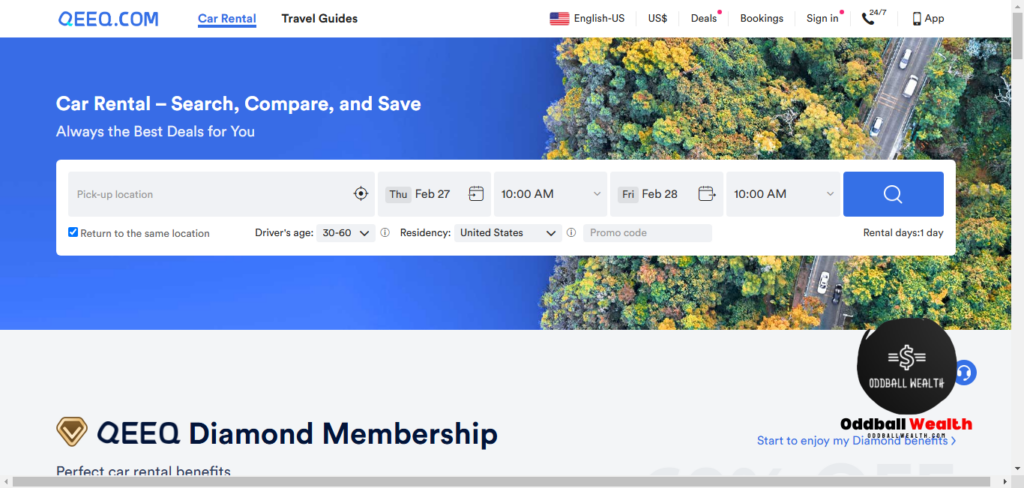 QEEQ (QEEQ.com) Car Rental Bookings website homepage screenshot image.