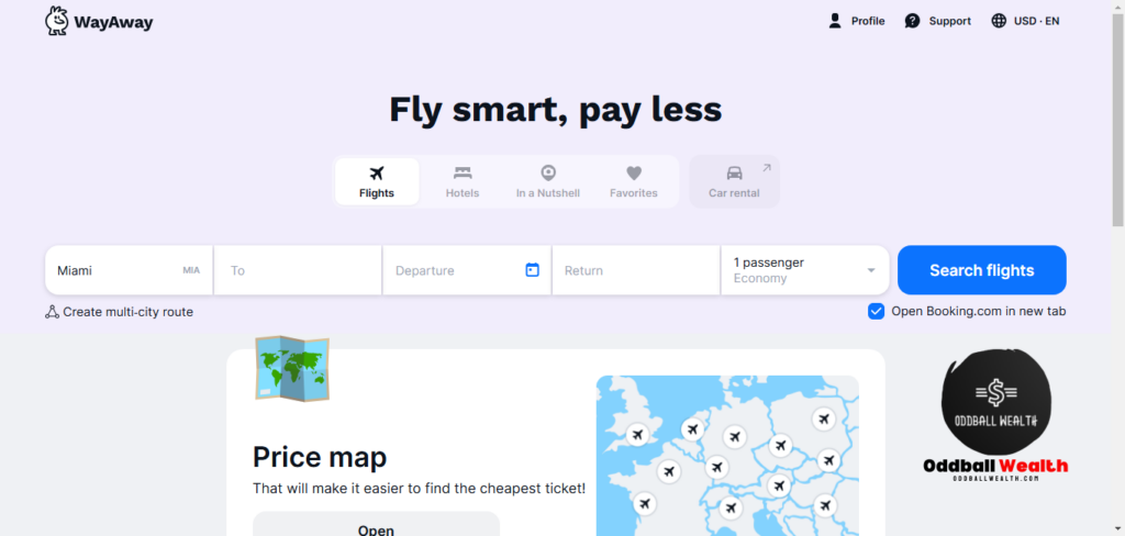 WayAway Cheap Flights Bookings website homepage screenshot image.