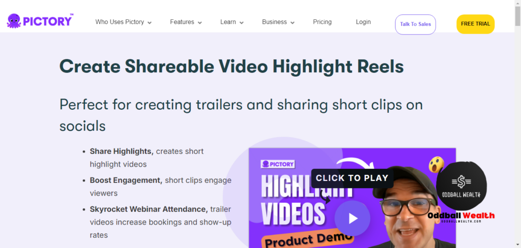 Create Shareable Video Highlight Reels with Pictory AI Website Screenshot Image