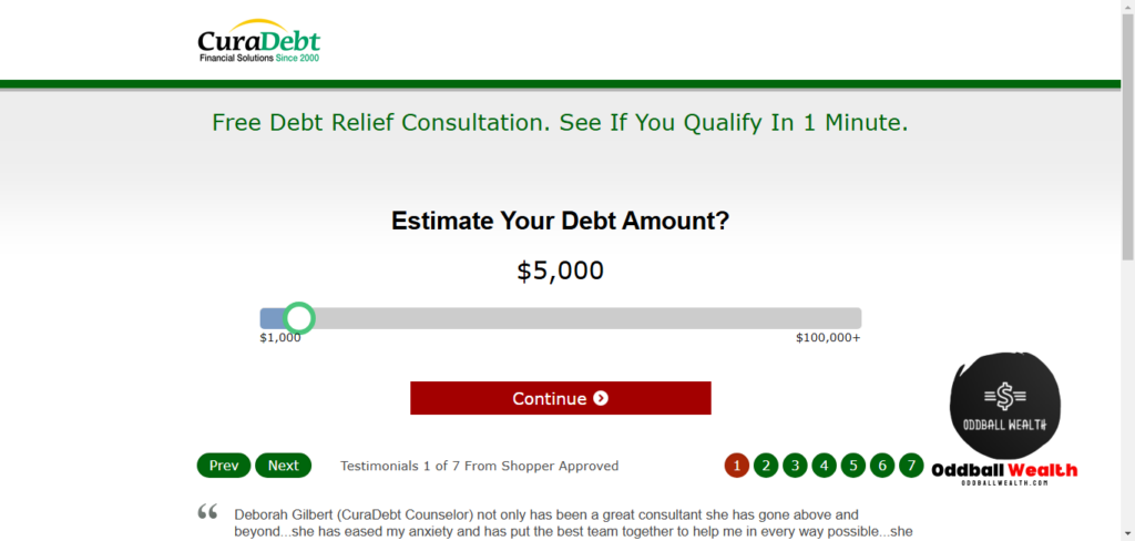 A screenshot image of CuraDebt Debt Relief Program website Homepage.