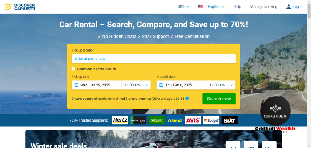Discovercars.com homepage screenshot image.