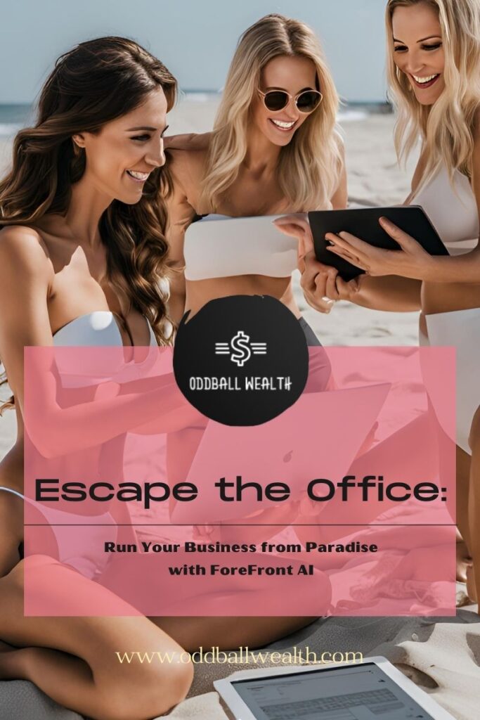 Three gorgous woman in bikinis sitting in the sand at the beach with tablets and using Forefront AI to automate their marketing and sales tasks.