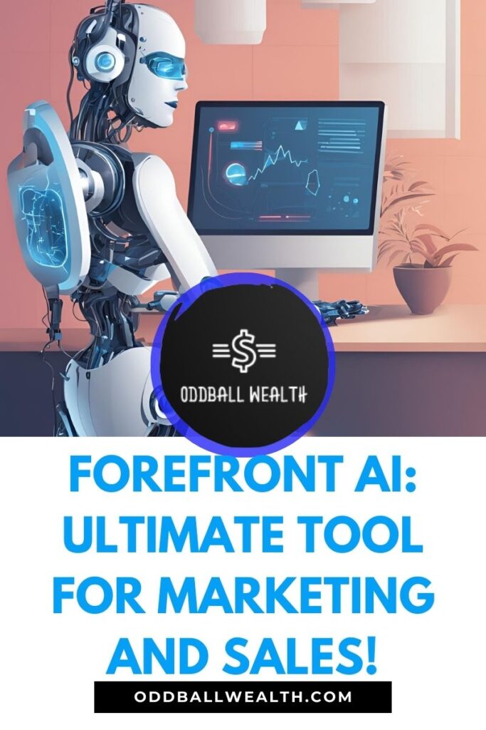 A robot standing at a computer using ForeFront AI chatbot for business.
