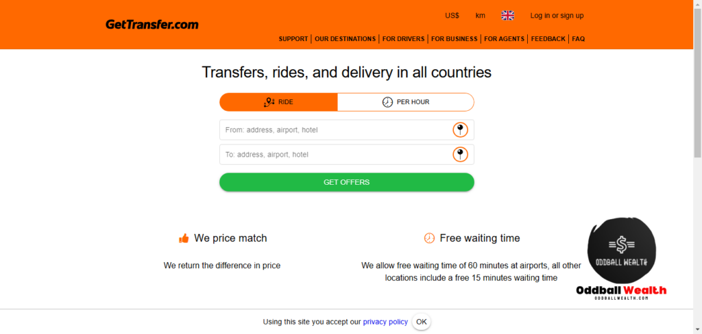 GetTransfer.com website homepage screenshot image.