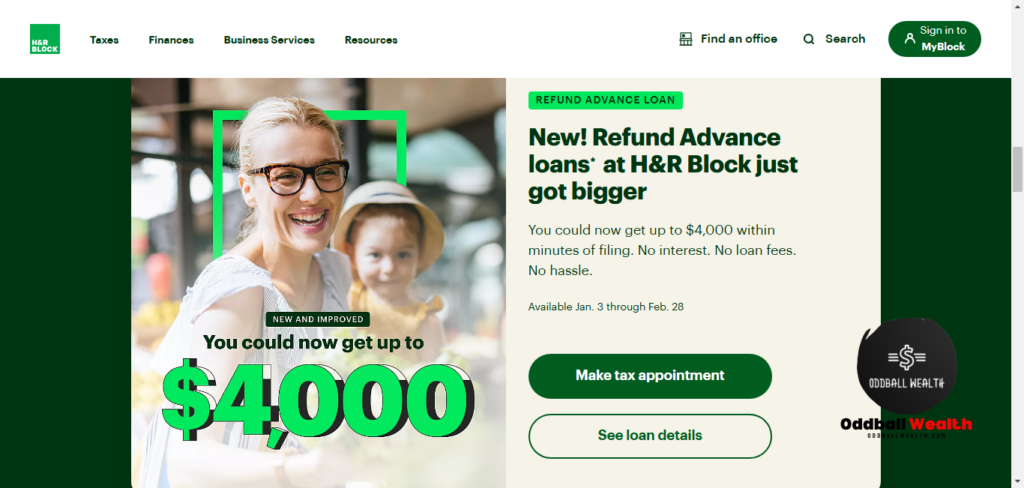 Website screenshot image of H&R Block Interest Free Refund Advance loans.