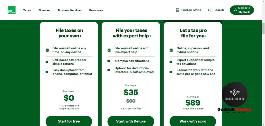 Website screenshot image of H&R Block Tax Prep Software Pricing