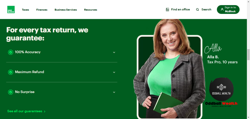 Website screenshot image of H&R Block Tax Return Guarantees