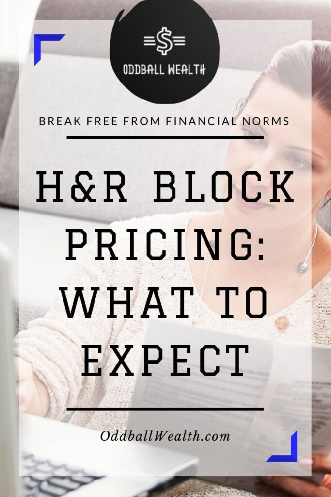 Woman sitting in front of her couch with a laptop filing her tax return with H&R Block Tax Prep Software