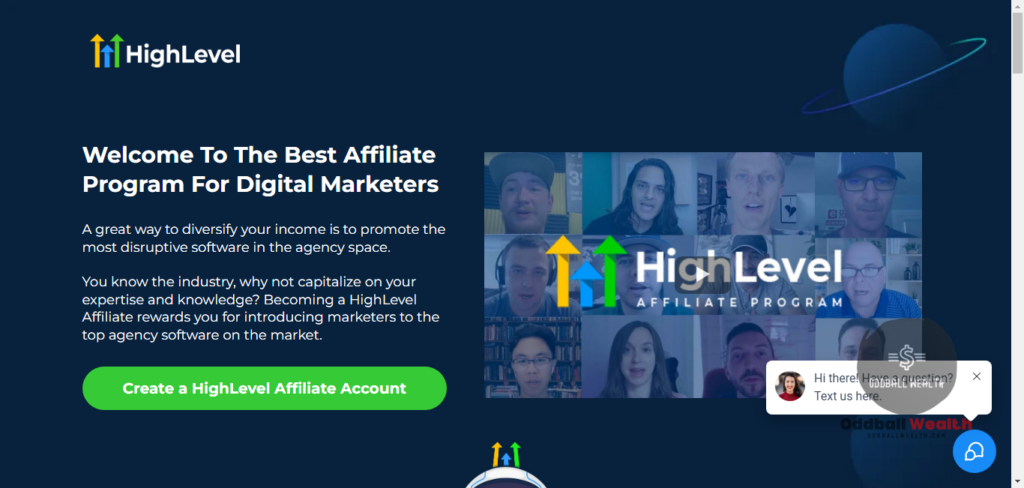 A screen capture image of the GoHighLevel affiliate program sign up page on the HighLevel website.