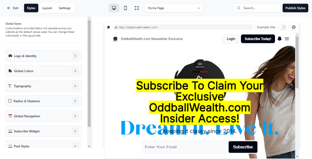 A screenshot image using BeeHiiv Magic Links - OddballWealth.com Newsletter Exclusive - beehiiv Newsletter platform.