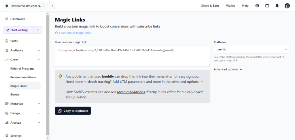 A screenshot image of Magic Links in BeeHiiv Dashboard for the OddballWealth.com Newsletter Exclusive using beehiiv.