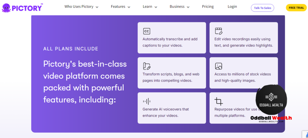 Pictory AI Video Software Review of Features Included In All Plans - Pictory.ai website screen capture image