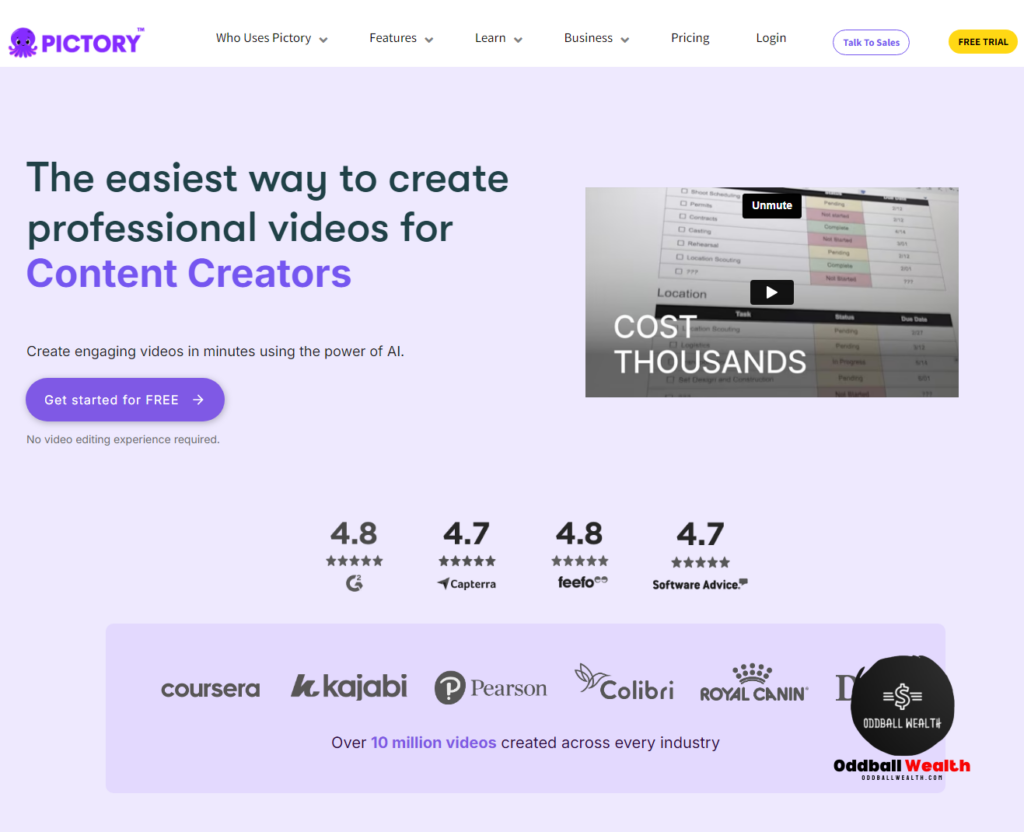 Pictory AI Website Homepage Screenshot Image of Pictory AI Video Creator and Editor