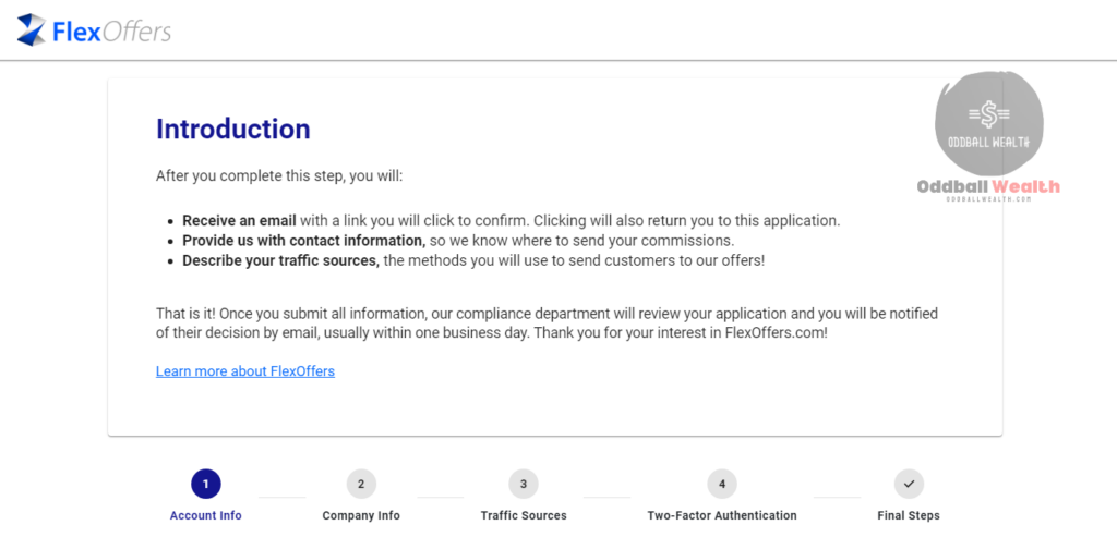 A screenshot image of FlexOffers affiliate marketer sign up page on their website.