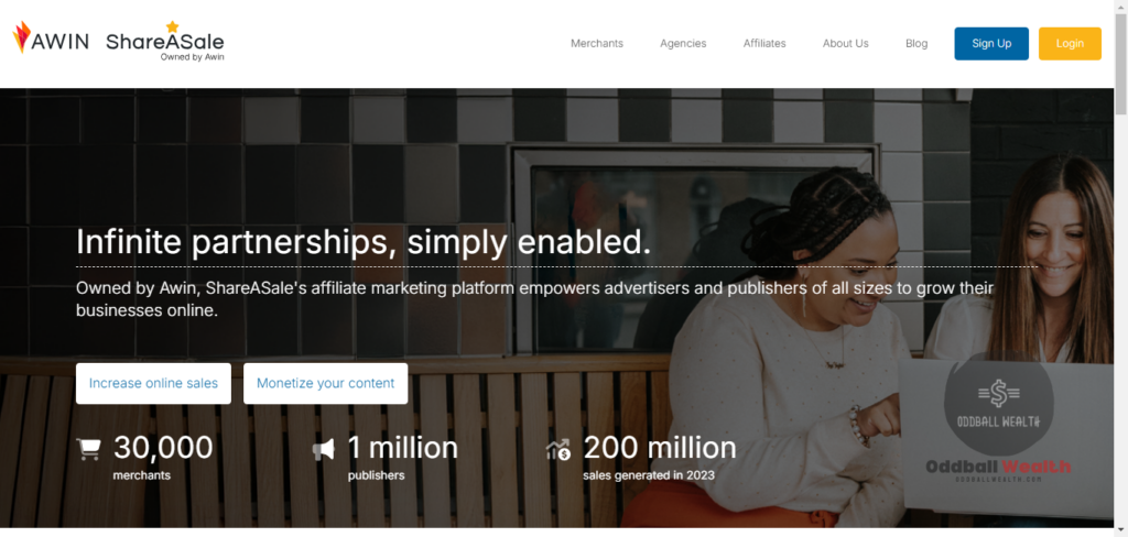 A screen capture image of ShareASales homepage on their website (shareasale.com).