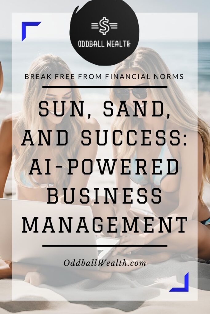 Two blond woman sitting on a beach with a laptop computer and automating their online business using Forefront AI chatbot.