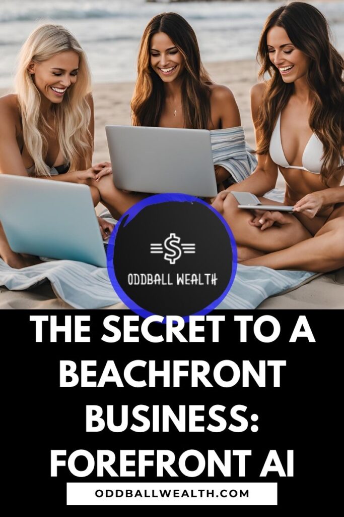 Three smiling female marketers sitting on a beach with laptops using forefront AI to automate their marketing campaigns.