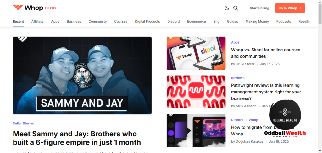 A screenshot image of the Whop Blog and Articles Section of the website.