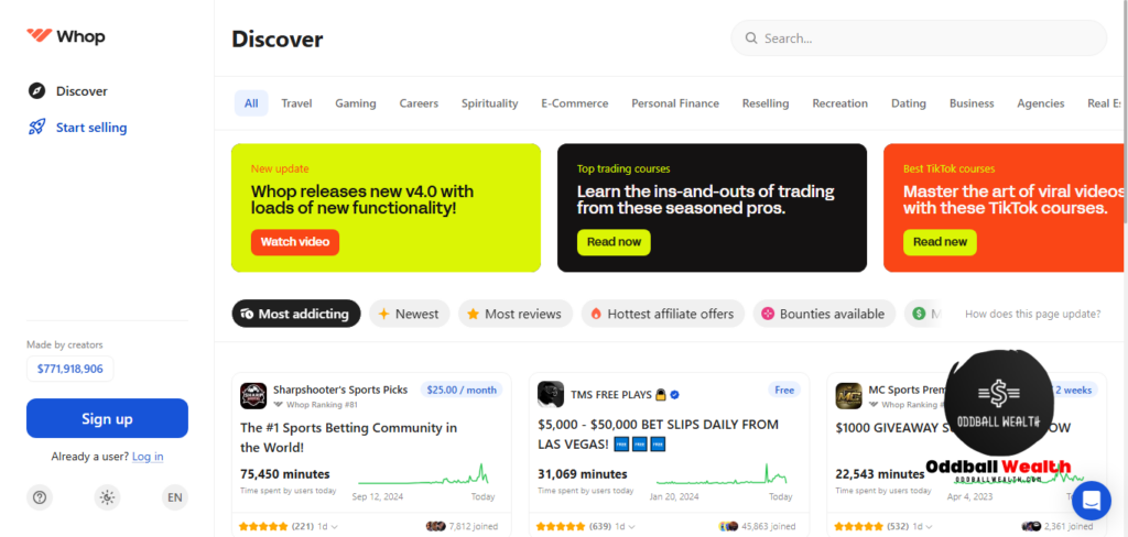 A screenshot image of the Whop Digital Product Ecommerce Shops Platform Homepage.