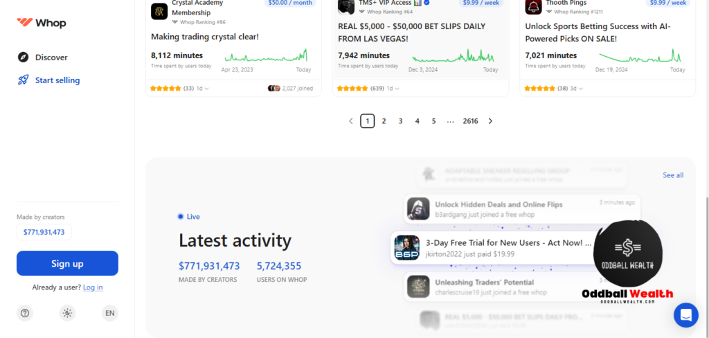 A screenshot image of the Whop Digital Product Ecommerce Shops Platform Homepage "Latest Activity" section.