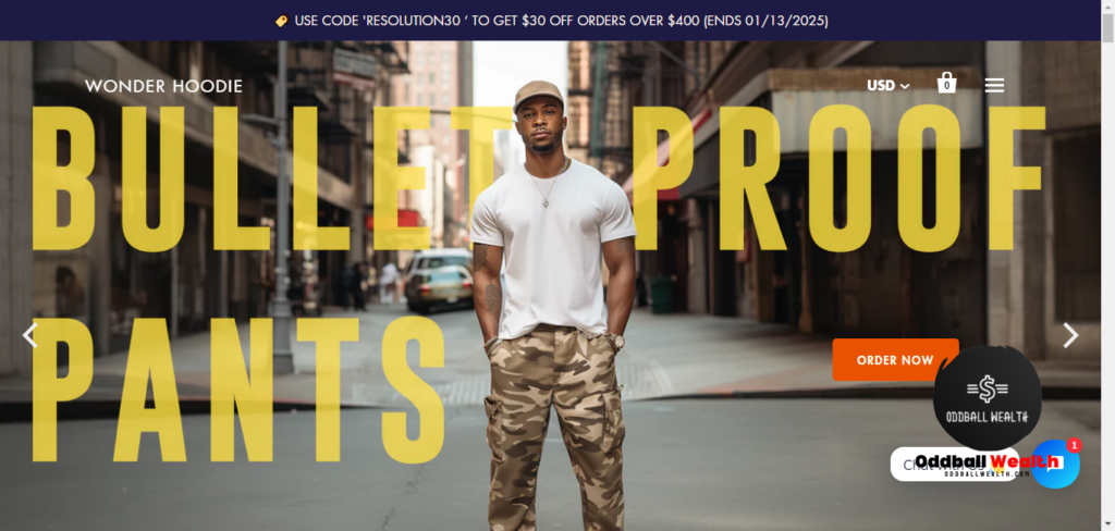 Wonder Hoodie Bulletproof Clothing Vest and Jacket Website Homepage Screenshot Image.