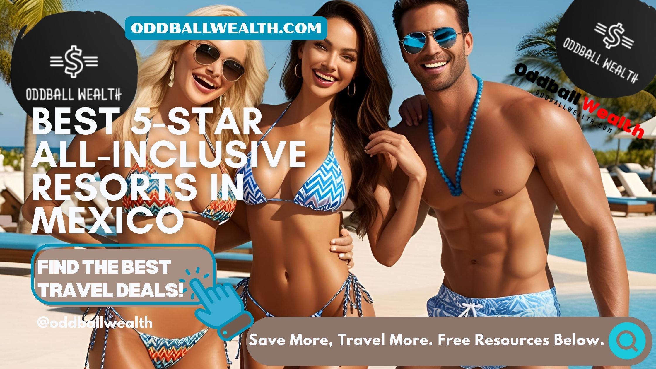 Three friends at a beautiful sandy beach posing for a picture while on Vacation at a 5-star all-inclusive Mexico resort.