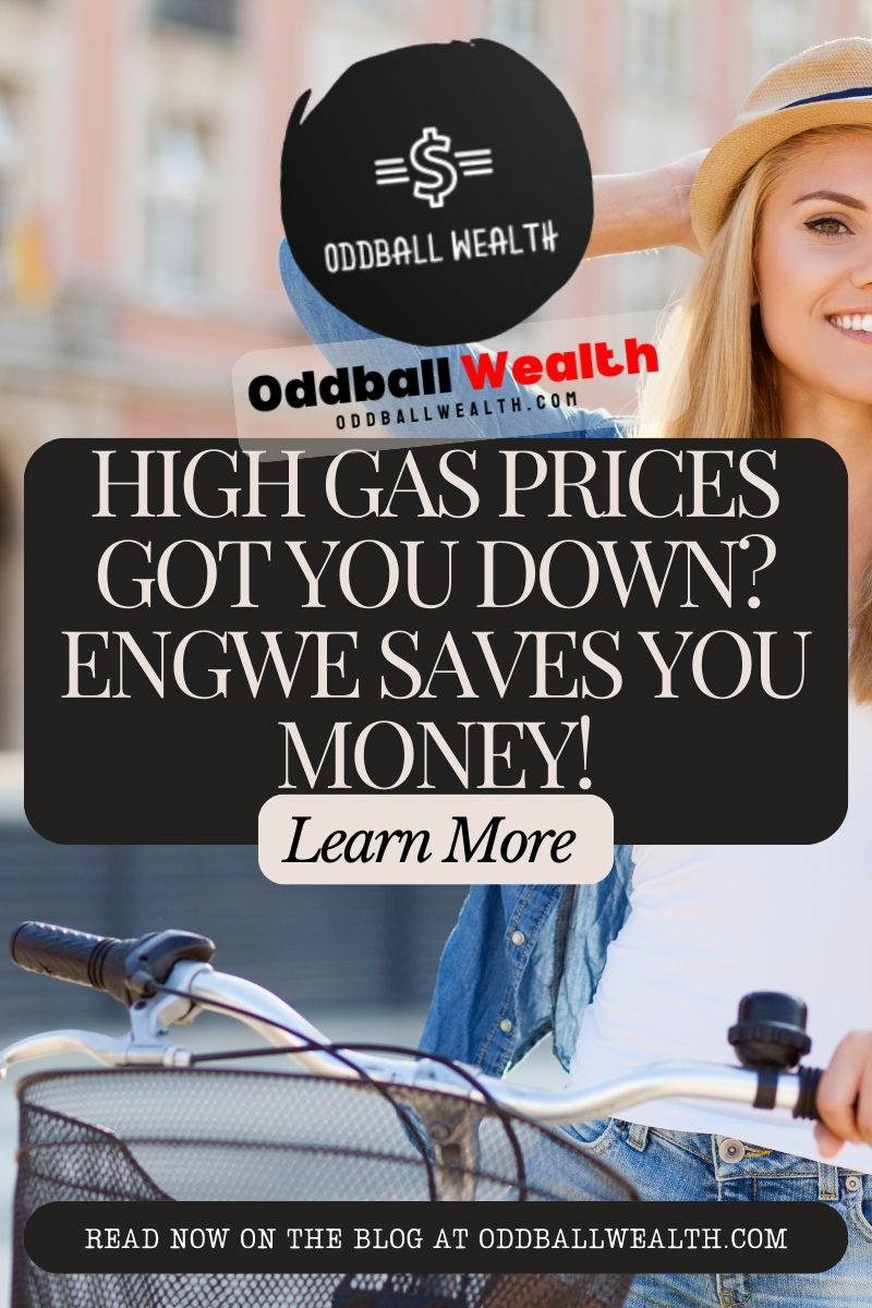 A woman riding a Engwe ebike parked next to a gas pump.