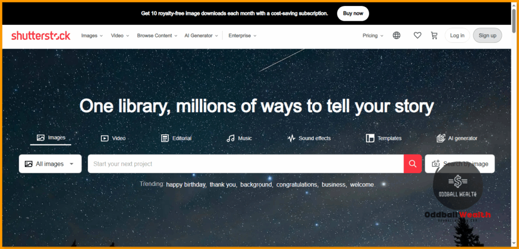 Screen capture image of the Shutterstock website homepage.