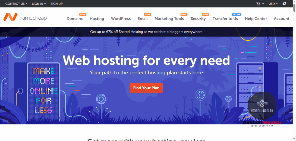 Screenshot image of the Namecheap webite hosting landing page on the Namecheap website - May, 2025.