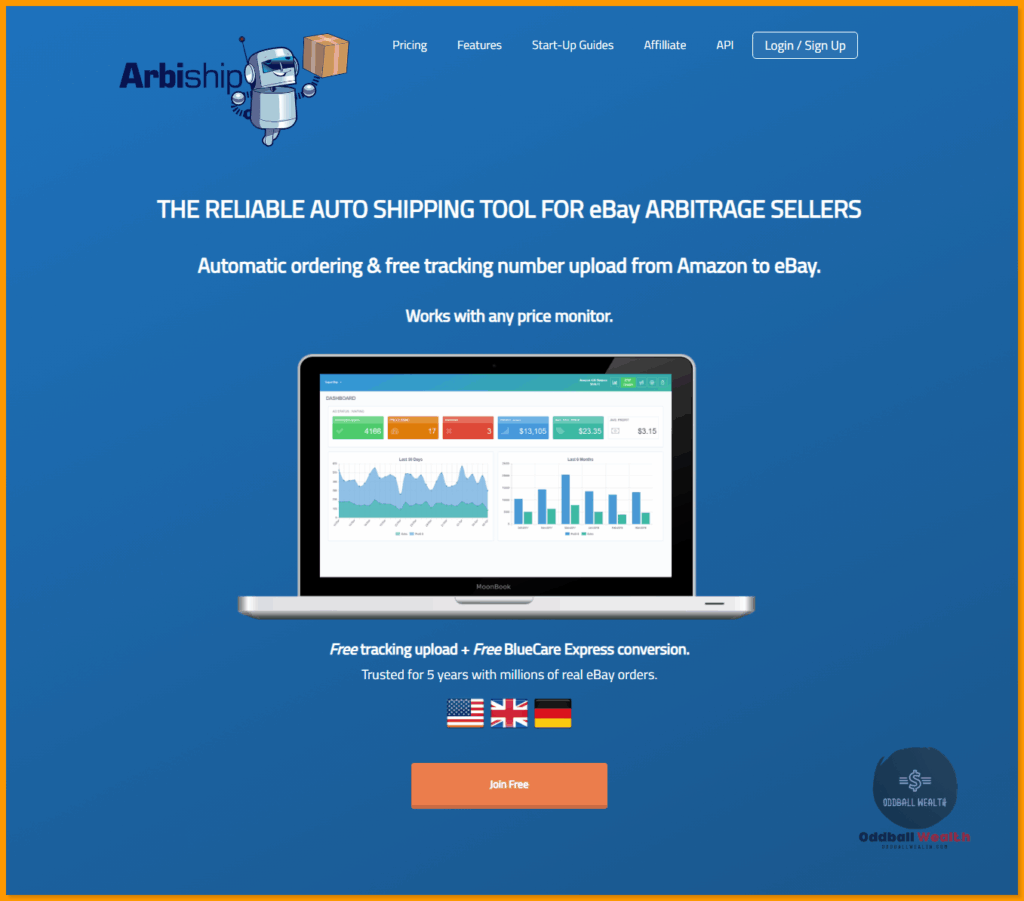 Screen capture image of Arbiship eBay dropshipping automation software website homepage. Screen Image was captured in May, 2025.