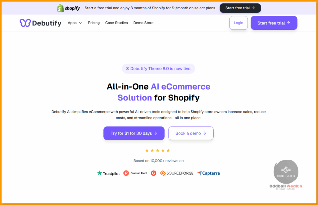 Screen capture of Debutify's website homepage on May 27th, 2025.